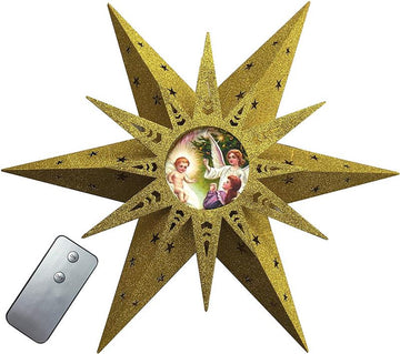 LED Stern aus Holz mit Gold-Glitzer, Ø ca. 30cm, Engel-Motiv, kabellos