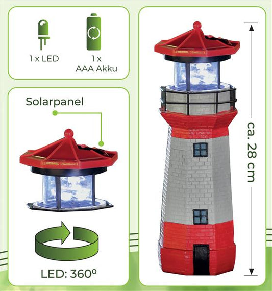 Solar Leuchtturm mit LED Drehlicht für außen | automatische Ein- und Ausschaltung | 28 cm hoch, rot-weiß