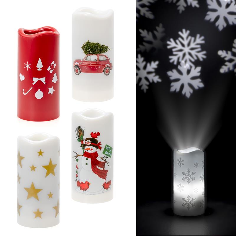 LED Kerze mit Projektor, batteriebetrieben, ca. 15 cm hoch, mit Timer-Funktion, verschiedene Weihnachtsmotive wie Sternenhimmel, Rentierschlitten etc.