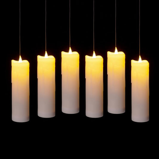 6 schwebende LED Kerzen mit Zauberstab als Fernbedienung am Nylonfaden | Innen und Außen | hängend | inkl. Batterien | magische Halloween Deko & Weihnachtsdeko