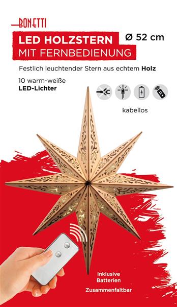 Holzstern | 52 cm | inkl. 10er LED Lichterkette & Fernbedienung (Ornamentoptik)