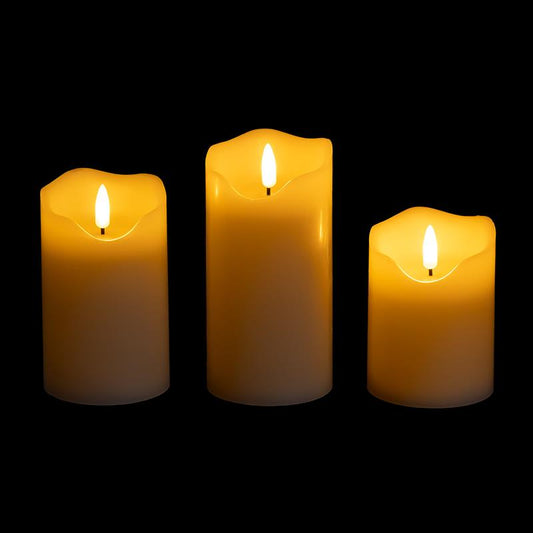 Echtwachs LED Kerzen mit Timer, 3er Set, realistische 3D Docht-Flamme mit Flacker-Effekt, 3 Größen, Ø 7,5 cm, flammenlose Kerzenlichter