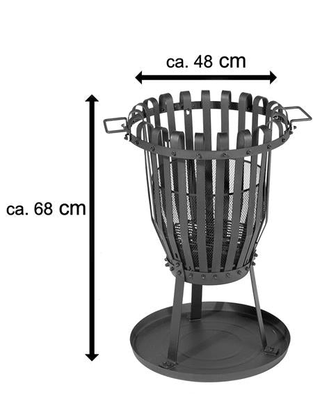 Feuerkorb mit Grilleinsatz aus Stahl mit Funkenschutzgitter, 68 cm hoch, Ø 48 cm