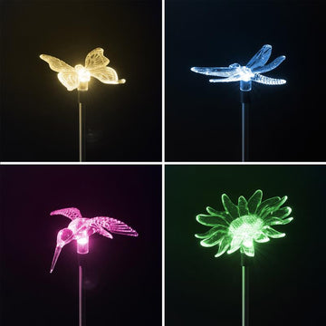 4er Set LED Solar Gartenstecker - Solarstecker mit Farbwechsel (Schmetterling, Libelle, Blume, Kolibri)