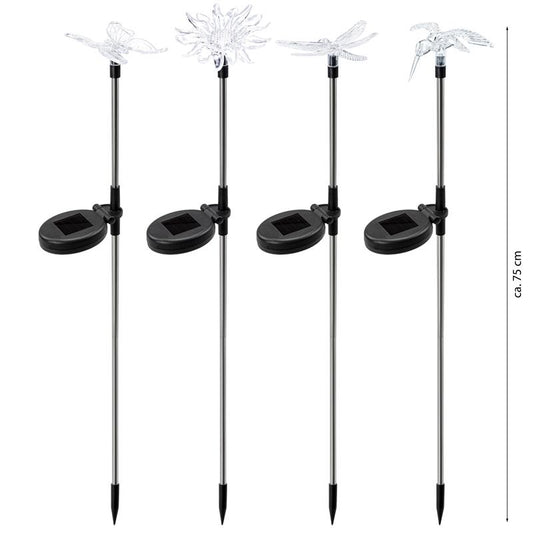 4er Set LED Solar Gartenstecker - Solarstecker mit Farbwechsel (Schmetterling, Libelle, Blume, Kolibri)