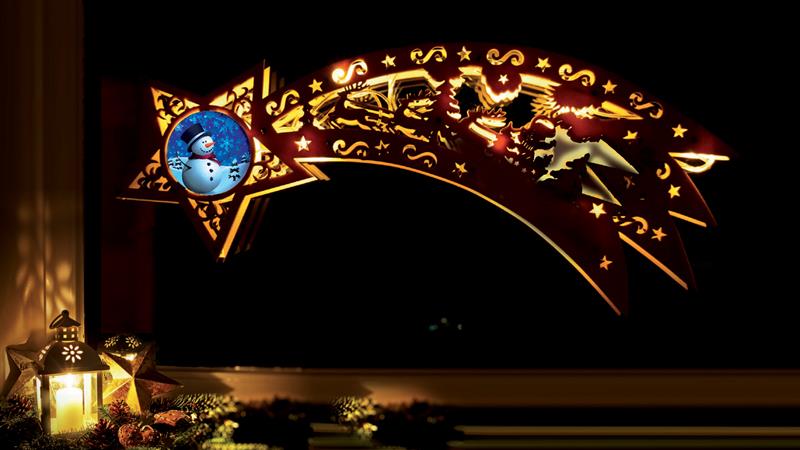 Sternschnuppe aus Holz inkl. Fernbedienung, mit 10 LED´s (Motiv: Schneemann)