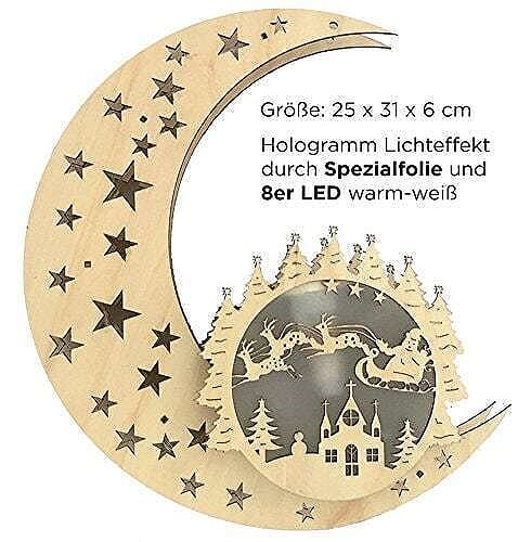 Mond aus Holz / LED beleuchtet / Hologramm-Licht-Effekt / hängend / kabellos