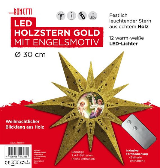 LED Stern aus Holz mit Gold-Glitzer, Ø ca. 30cm, Engel-Motiv, kabellos