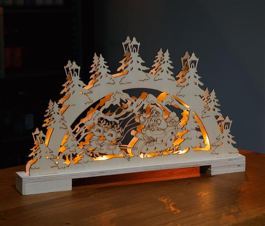 LED Holz-Lichterbogen, warm-weiß beleuchtet, Timer (Weihnachtsmann)