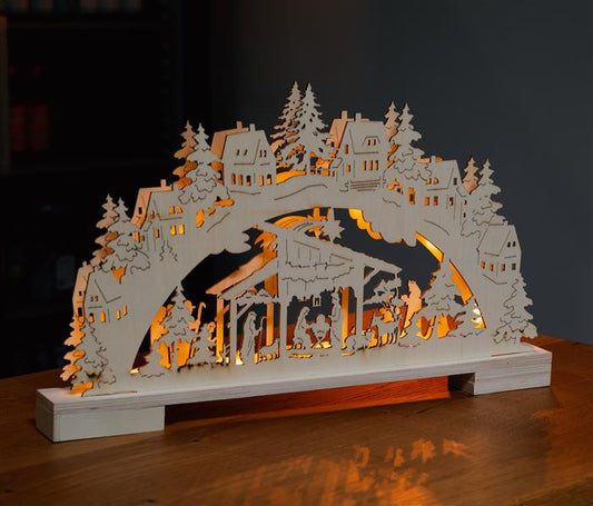LED Lichterbogen aus Holz mit 10 Led beleuchtet, warm-weiß, mit Timer (Krippe)