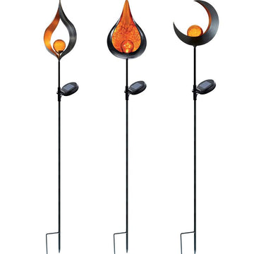 3-er Set Solar Metall Gartenstecker mit je 1x gelber LED | Motiv: Halbmond, Flamme, Tropfen