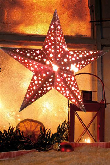 Holzstern | 40 cm | inkl. 10er LED Lichterkette und Fernbedienung (Rot-Glitzer)