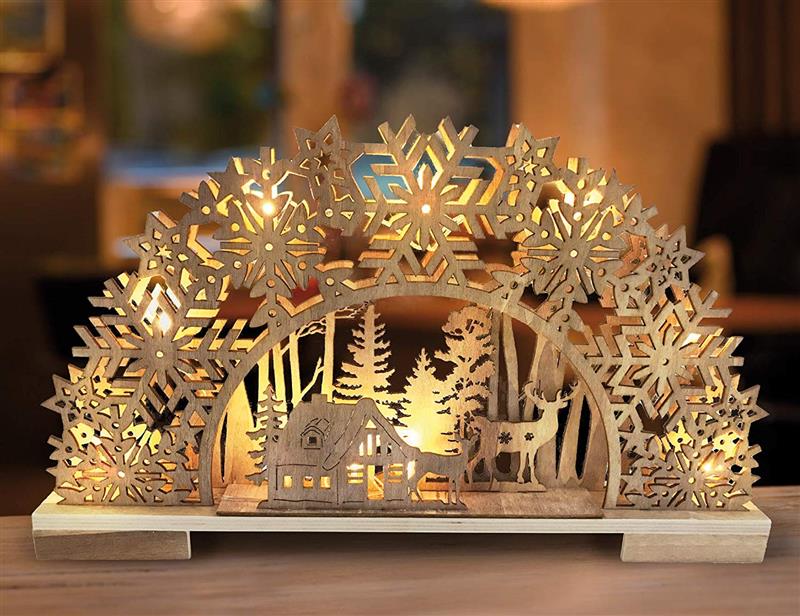 LED Holz-Schwibbogen - Lichterbogen | 8 LED | Weihnachtsdeko Winterdorf-Motiv