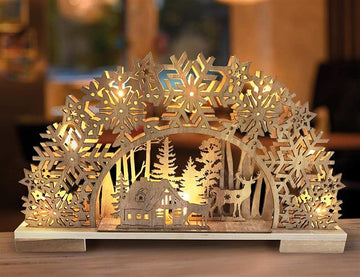 LED Holz-Schwibbogen - Lichterbogen | 8 LED | Weihnachtsdeko Winterdorf-Motiv