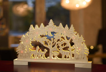 LED Lichterbogen aus Holz mit 10 Led beleuchtet, warm-weiß, mit Timer (Wald)