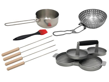 8 tlg. Grillhelfer-Set | Grillspieße - Grillkorb - Burgerpresse – Marinadentopf