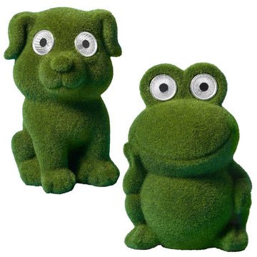 2er Set LED Solar Dekofigur aus Polyresin, grün beflock mit je 2 kalt-weißen LED-Augen (Modell: Frosch & Hund)