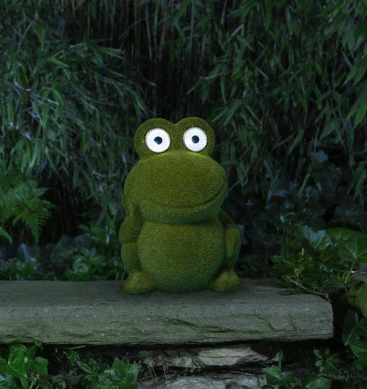 2er Set LED Solar Dekofigur aus Polyresin, grün beflock mit je 2 kalt-weißen LED-Augen (Modell: Frosch & Hund)