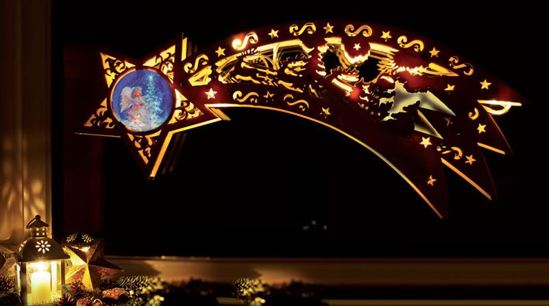 Sternschnuppe aus Holz inkl. Fernbedienung, mit 10 LED´s (Motiv: Engel)