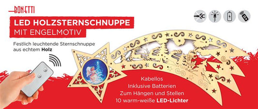 Sternschnuppe aus Holz inkl. Fernbedienung, mit 10 LED´s (Motiv: Engel)