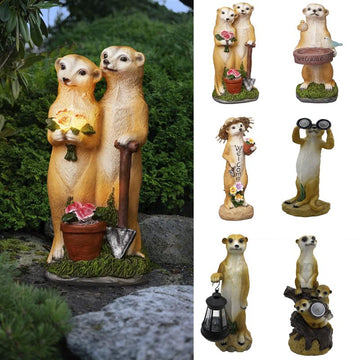Erdmännchen Gartenfigur mit LED Licht und Solar-Technik, Stein-Optik