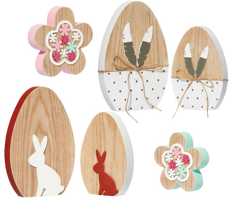 6 teiliges Osterdeko Set aus Holz, bestehend aus 4 Deko-Eier und 2 Holz-Blumen