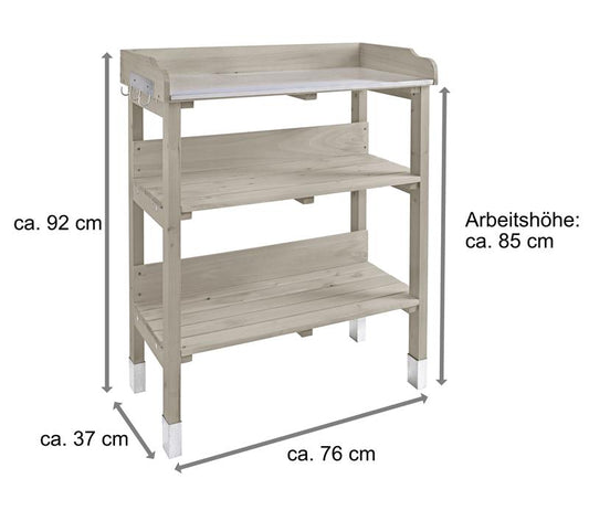 Pflanztisch aus Holz mit verzinkter Arbeitsplatte inkl. 2 Regalböden (grau)