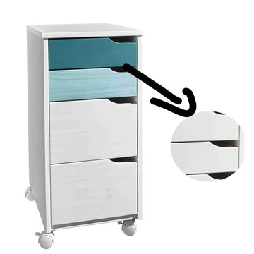 Rollcontainer aus Kiefer-Massivholz mit 4 Schubladen lackiert (weiß-grün-türkis)
