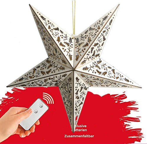 Holzstern | 40 cm | inkl. 10er LED Lichterkette und Fernbedienung (Mistelzweig-Optik)