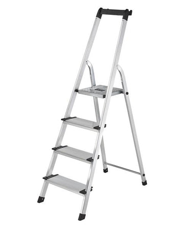 Haushaltsleiter mit 4 Stufen und Ablage | 13 cm breite rutschsichere Aluminium XXL-Stufen | belastbar bis 150 kg