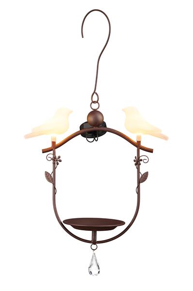 Vogeltränke mit LED-Vogel-Paar | hängend | aus Metall | solarbetrieben | warm-weiß beleuchtet