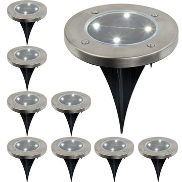 9er Set LED Solar Bodenlampen mit Erdspieß, Edelstahl-Look, kaltweiß beleuchtet