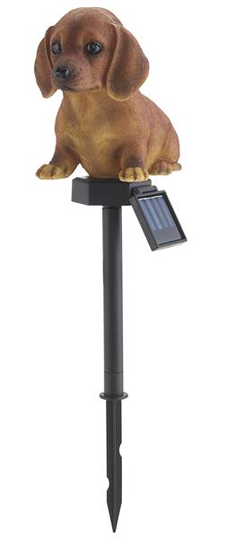 Solar Tierfigur aus Polyresin mit LED Beleuchtung und Erdspieß (Dackel)