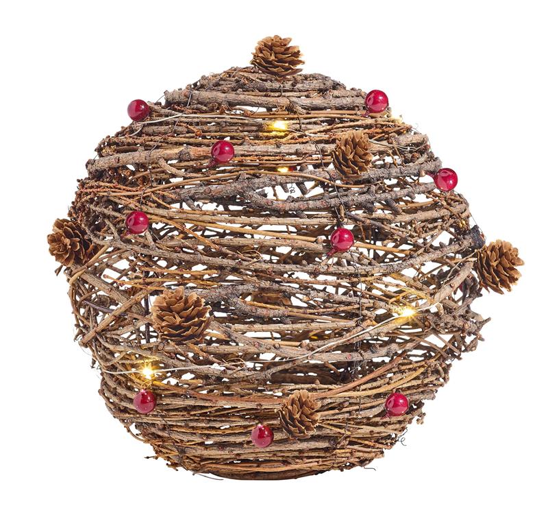 Dekokugel mit Lichterkette aus Weidenzweigen und Kieferngeflecht, mit Tannenzapfen und roten Beeren, ca. Ø 25 cm