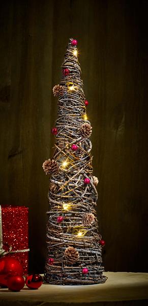 Dekokegel / Dekobaum mit Lichterkette aus Weidenzweigen und Kieferngeflecht, mit Tannenzapfen und roten Beeren, ca. Ø 13 cm, x 47 cm hoch