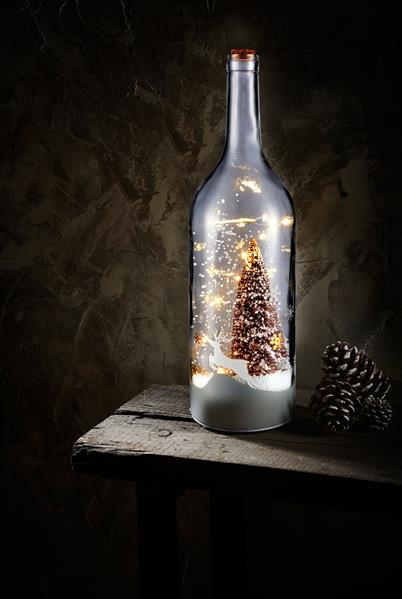 XXL LED Lichterflasche mit Licht, Melodie & Schneekugel-Funktion, praktischer Timer, batteriebetrieben, ca. 46 cm hoch (weiß)