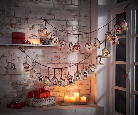 Adventskalender zum Befüllen, 24 kleine Säckchen individuell zum selbst befüllen, inkl. Aufhängevorrichtung (Pailletten)