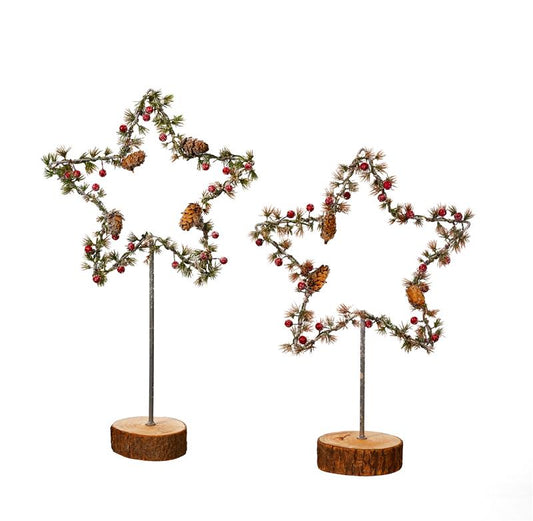 2er Set Metall Stern zum Hinstellen mit Holzfuß und LED Beleuchtung und winterlicher Dekoration, moderner Weihnachtsstern, ca. 39 & 49 cm hoch