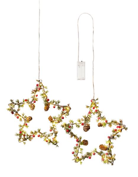 2er Set Metall Stern zum Aufhängen mit LED Beleuchtung und winterlicher Dekoration, moderner Weihnachtsstern, ca. 39 & 49 cm hoch