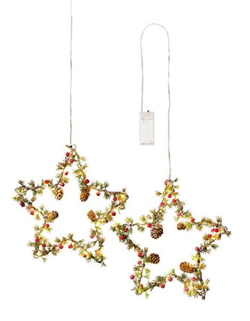 2er Set Metall Stern zum Aufhängen mit LED Beleuchtung und winterlicher Dekoration, moderner Weihnachtsstern, ca. 39 & 49 cm hoch