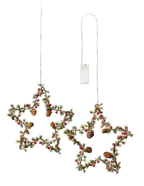 2er Set Metall Stern zum Aufhängen mit LED Beleuchtung und winterlicher Dekoration, moderner Weihnachtsstern, ca. 39 & 49 cm hoch