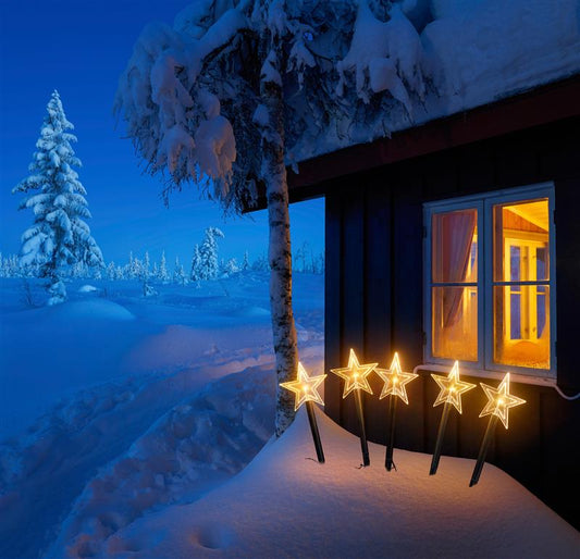 LED Gartenstecker mit 5 Sternen im Acryl-Look, beleuchtet mit je 1 warm-weißen LEDs, batteriebetrieben