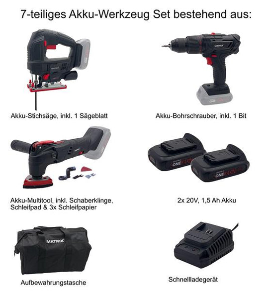 Matrix 511.010.633  Trinity X-One 7-tlg. Set bestehend aus 2x 1,5 Ah Akku, Bohrschrauber, Stichsäge, Multitool, Schnellladegerät, Aufbewahrungstasche