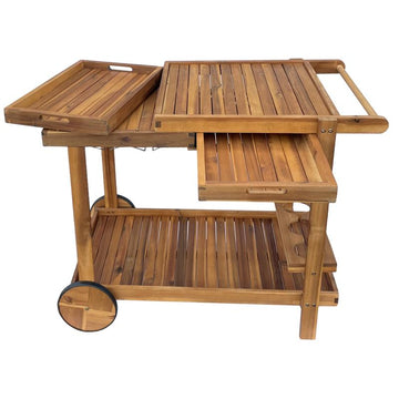 Servierwagen mit Rollen und zwei abnehmbaren Tabletts aus Akazienholz gefertigt, robust und witterungsbeständig, auch ideal als Beistelltisch oder BBQ Tisch im Garten und Balkon geeignet