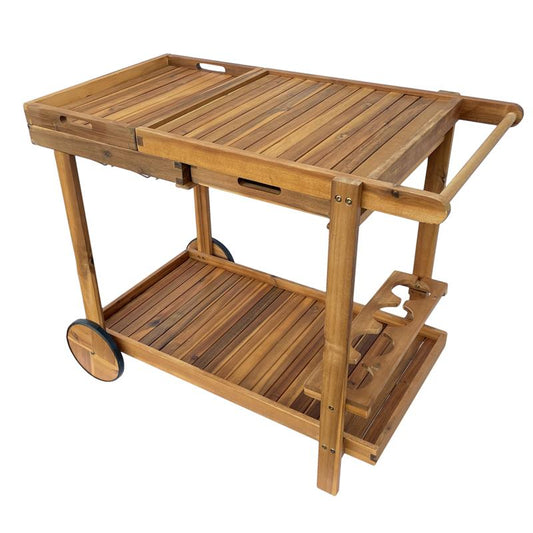 Servierwagen mit Rollen und zwei abnehmbaren Tabletts aus Akazienholz gefertigt, robust und witterungsbeständig, auch ideal als Beistelltisch oder BBQ Tisch im Garten und Balkon geeignet