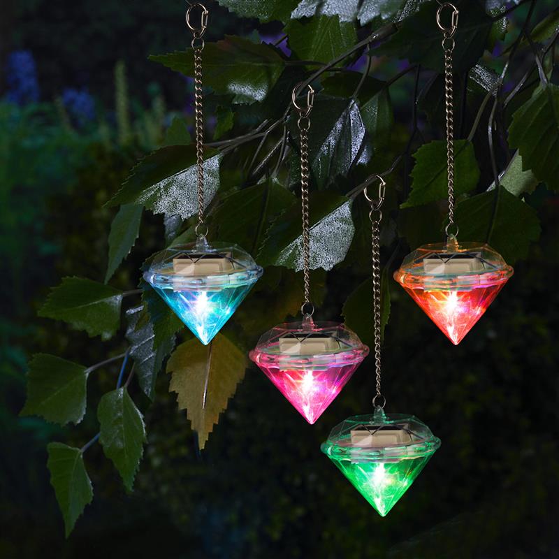 4x Solar Hängeleuchten in Diamanten-Look mit bunter LED Beleuchtung, wasserdichte Solarleuchten für Außen, inkl. Aufhängung und Akku