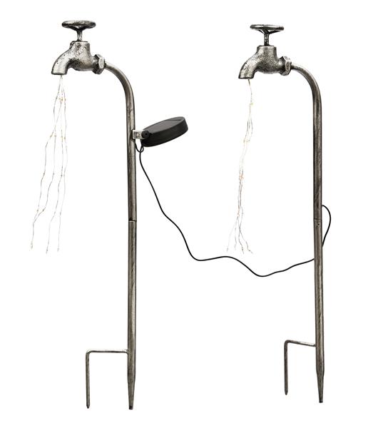 2er Set Deko Solar LED-Wasserhahn aus Metall mit LED-Lichterschweif und Lichteffekt, Solarleuchte mit 40 LEDs beleuchtet, Gartendeko im vintage-Look