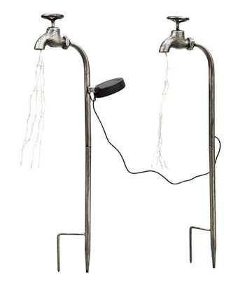 2er Set Deko Solar LED-Wasserhahn aus Metall mit LED-Lichterschweif und Lichteffekt, Solarleuchte mit 40 LEDs beleuchtet, Gartendeko im vintage-Look