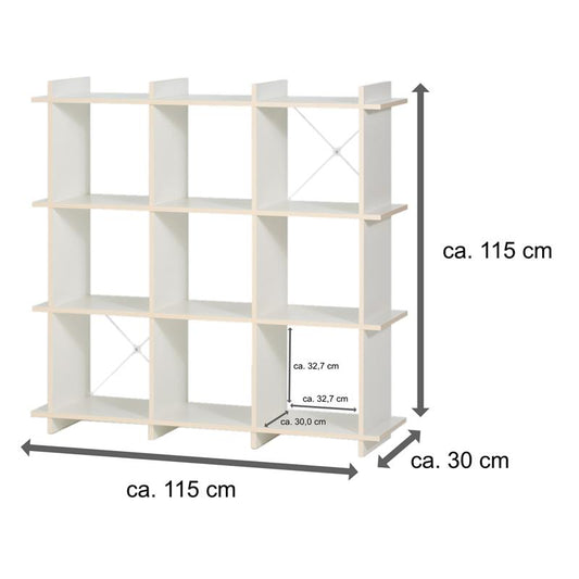 Modernes Standregal aus Holz weiß, melaminharzbeschichtet, Multiplex-Optik, Regal mit 9 offene Ablage-Fächer, ca. 115 x 115 x 30 cm