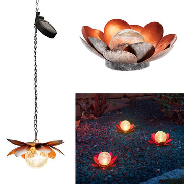 Solar Lotusblüte für außen aus Metall mit Bruchglaskugel und warm-weißer LED Beleuchtung, verschiedene Ausführungen, toller Lichteffekt, moderne Gartendeko in Seerosen-Optik